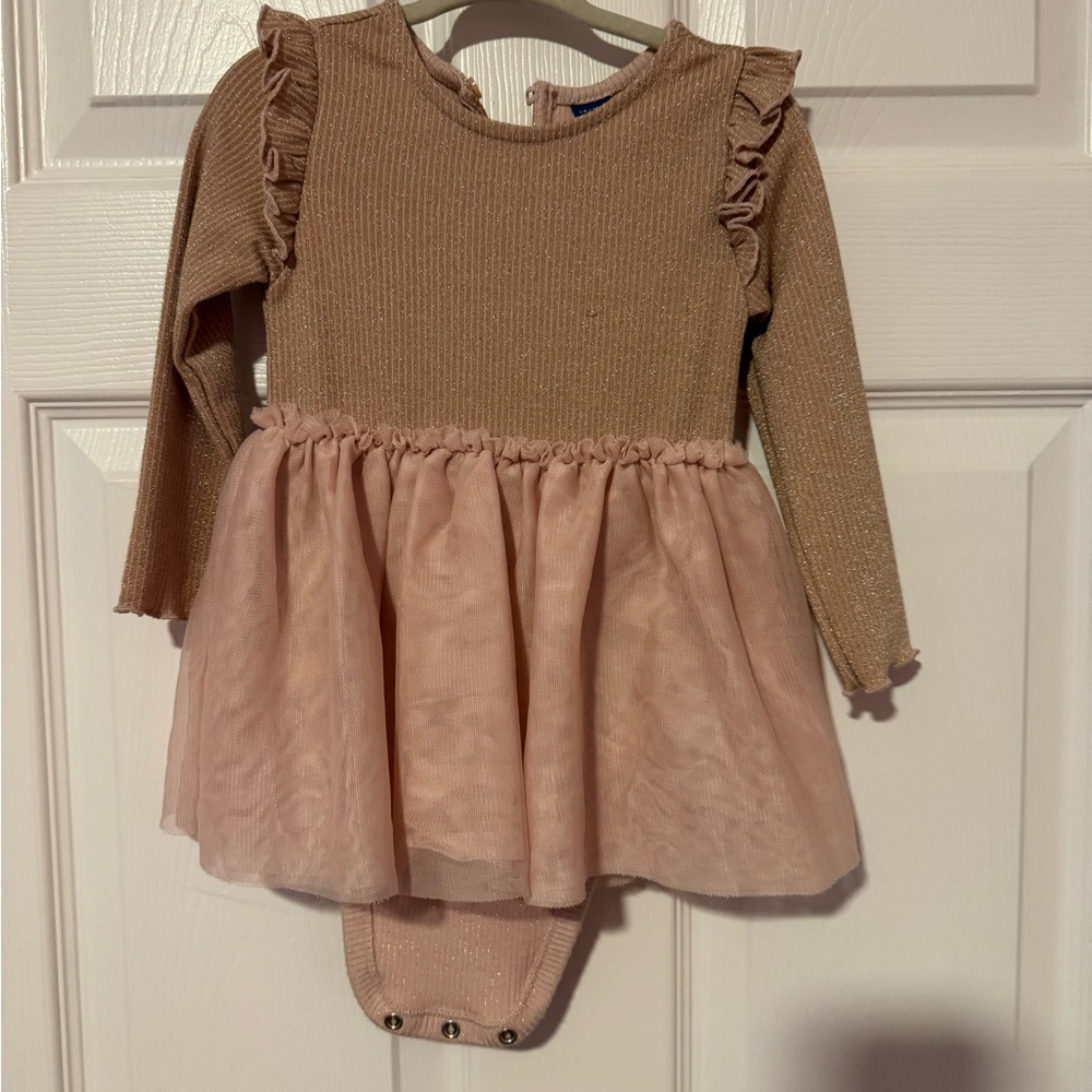 Adorable Tan and Pink Baby Dress with Ruffles